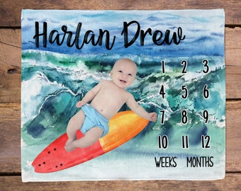Beach Milestone Blanket / Surfing Waves Milestone / Month Blanket / Baby Shower Gift / Ocean Milestone Blanket / New Mom Gift