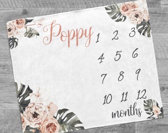 Tropical Floral Milestone Blanket / Baby Girl / Baby Month Blanket / Baby Shower Gift / Baby Girl Gift / New Mom Gift / Newborn baby gift