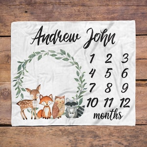 Woodland  Animal Milestone Blanket / Baby Boy Milestone / Baby Girl / New Mom Gift / Newborn Baby Gift / Baptism Gift / Fox Baby Blanket