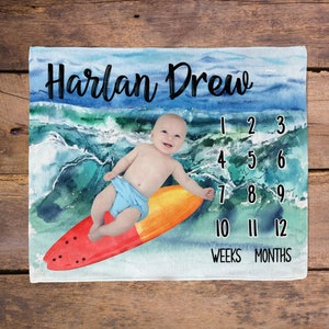 Beach Milestone Blanket / Surfing Waves Milestone / Month Blanket / Baby Shower Gift / Ocean Milestone Blanket / New Mom Gift