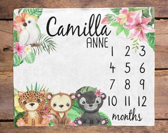 Tropical Baby Milestone Blanket / Jungle Animals Girl / Month Blanket / Baby Shower Gift / Tropical Floral Milestone Blanket / New Mom Gift