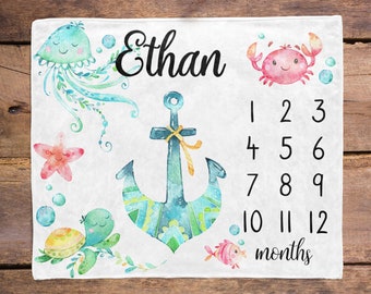 Under the Sea Baby Milestone Blanket / Fish Ocean Milestone / Month Blanket / Baby Shower Gift / Ocean Milestone Blanket / New Mom Gift