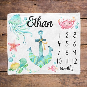 Under the Sea Baby Milestone Blanket / Fish Ocean Milestone / Month Blanket / Baby Shower Gift / Ocean Milestone Blanket / New Mom Gift