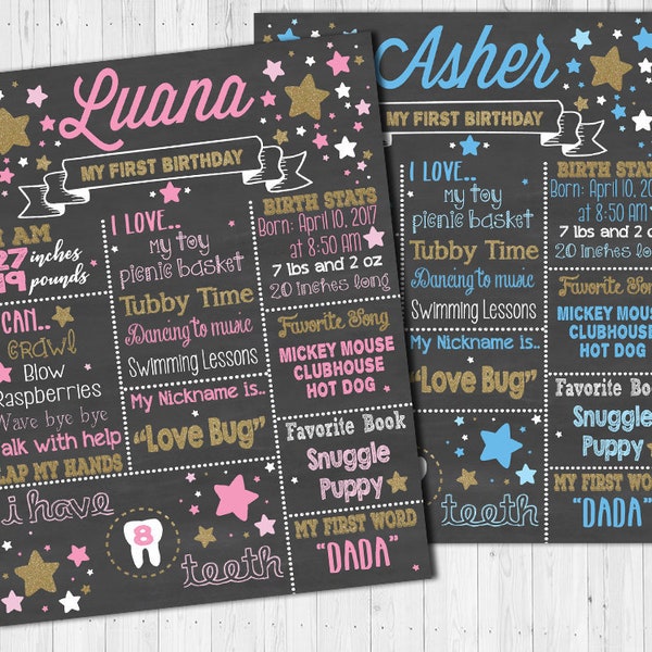 Star theme First 1st Birthday Chalkboard Printable Poster Twinkle Twinkle / Baby Girl or boy /.pdf or .jpeg