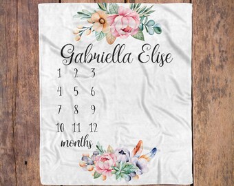 Milestone Blanket / Baby Girl / Baby Month Blanket / Baby Shower Gift / Floral Milestone Baby Girl Gift / New Mom Gift / Newborn baby gift