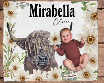 Highland Cow Personalized Baby Girl Blanket / Custom Baby Blanket / Name Baby Blanket / Cow Nursery / Western Girl Cow