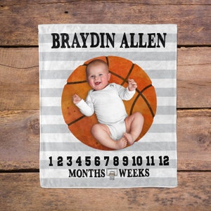 Baby Milestone Blanket Sports Basketball Blanket / Milestone Blanket Boy / New Mom Gift / Newborn Baby Gift / Baptism Gift / Sports Blanket