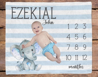 Elephant Milestone Blanket / Safari Animal Nursery / Baby Boy Milestone / New Mom Gift / Newborn Baby Gift / Baptism Gift / Elephant Blanket