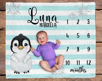 Penguin Milestone Blanket / Baby Penguin Nursery / Baby Girl Milestone  New Mom Gift / Newborn Baby Gift / Baptism Gift / Penguin Blanket