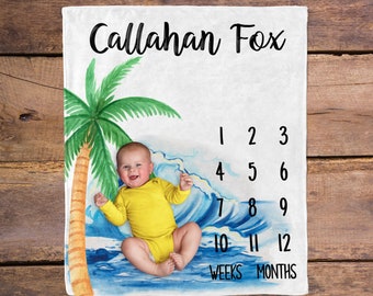 Beach Milestone Blanket / palm tree Waves Milestone / Month Blanket / Baby Shower Gift / Ocean Milestone Blanket / New Mom Gift
