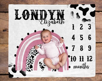 Rainbow Baby Cow Print Milestone Blanket / Baby Month Blanket / Baby Shower Gift / Milestone Baby Gift / New Mom Gift / Newborn Cow Hide