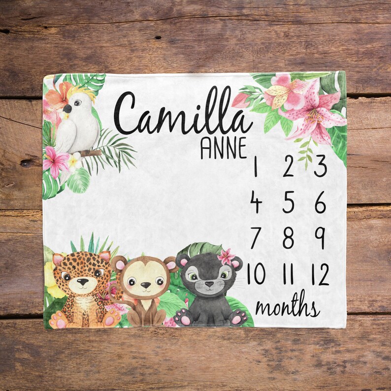 Tropical Baby Milestone Blanket / Jungle Animals Girl / Month Blanket ...