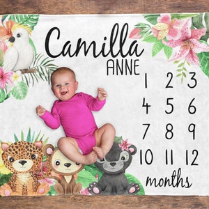 Tropical Baby Milestone Blanket / Jungle Animals Girl / Month Blanket ...