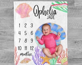 Under the Sea Baby Milestone Blanket / seashell blanket / Month Blanket / Baby Shower Gift / Ocean Milestone Blanket / New Mom Gift