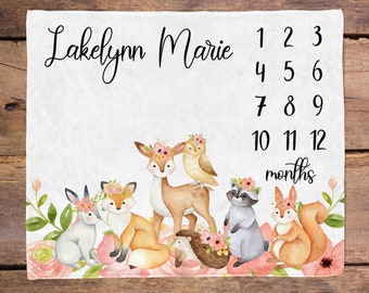 Woodland Mileston Blanket / Custom Baby Girl Blanket / Name Baby Blanket / Forest Animal Nursery / Floral woodland baby