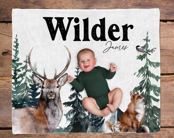 Woodland Blanket / Personalized Baby Blanket / Custom Baby Blanket / Adventure Awaits /Bear Nursery / Woodland theme Deer Squirrel