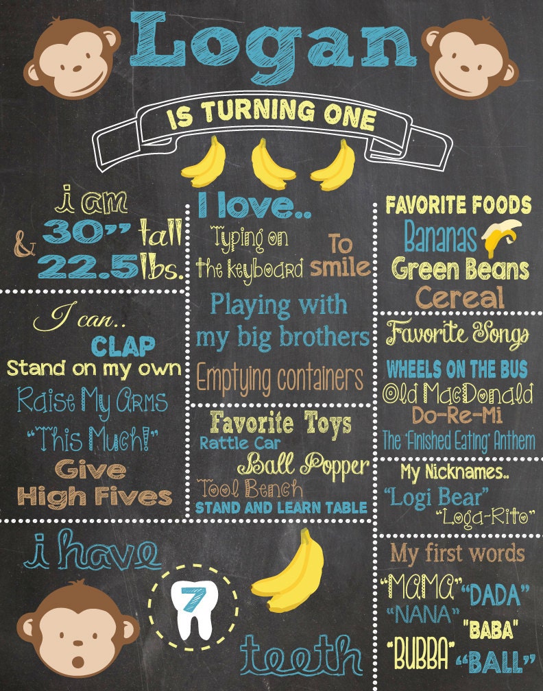 First Birthday Chalkboard Printable Poster Monkey Theme / Baby | Etsy