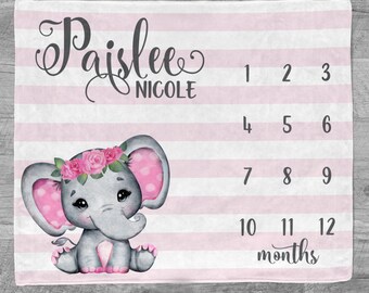 Elephant Milestone Blanket / Safari Animal Nursery / Baby Girl Milestone  New Mom Gift / Newborn Baby Gift / Baptism Gift / Elephant Blanket