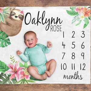Sloth Baby Milestone Blanket / Jungle Animals Girl / Month Blanket / Baby Shower Gift / Tropical Floral Milestone Blanket / New Mom Gift