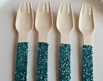 Wooden Forks with Teal Glitter | Glitter Forks |Garden Party Forks