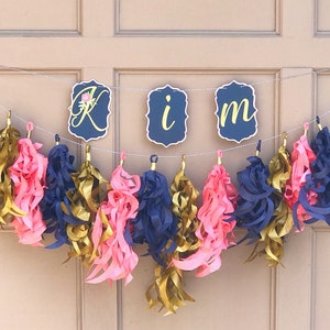 Floral Personalized Name Banner and Curly Tassel Garland, Floral Baby Shower Decorations, Floral Garden Party Decorations image 1
