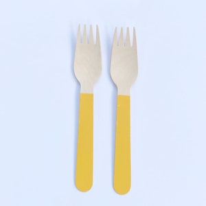 Yellow Painted Wooden Forks| Biodegradable Spoons| Bee Shower| Sunshine Party| Earth Friendly Party Supplies| Emoji Party