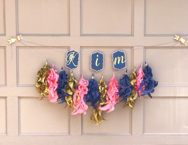 Floral Personalized Name Banner and Curly Tassel Garland, Floral Baby Shower Decorations, Floral Garden Party Decorations image 1