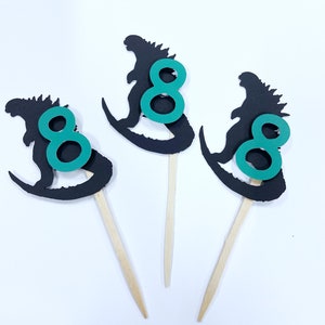 Personalized Godzilla Cupcake Toppers, Birthday Picks, Godzilla Birthday Party, Dinosaur Party, Dinosaur Toppers, Cake Toppers