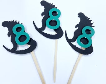 Personalized Godzilla Cupcake Toppers, Birthday Picks, Godzilla Birthday Party, Dinosaur Party, Dinosaur Toppers, Cake Toppers