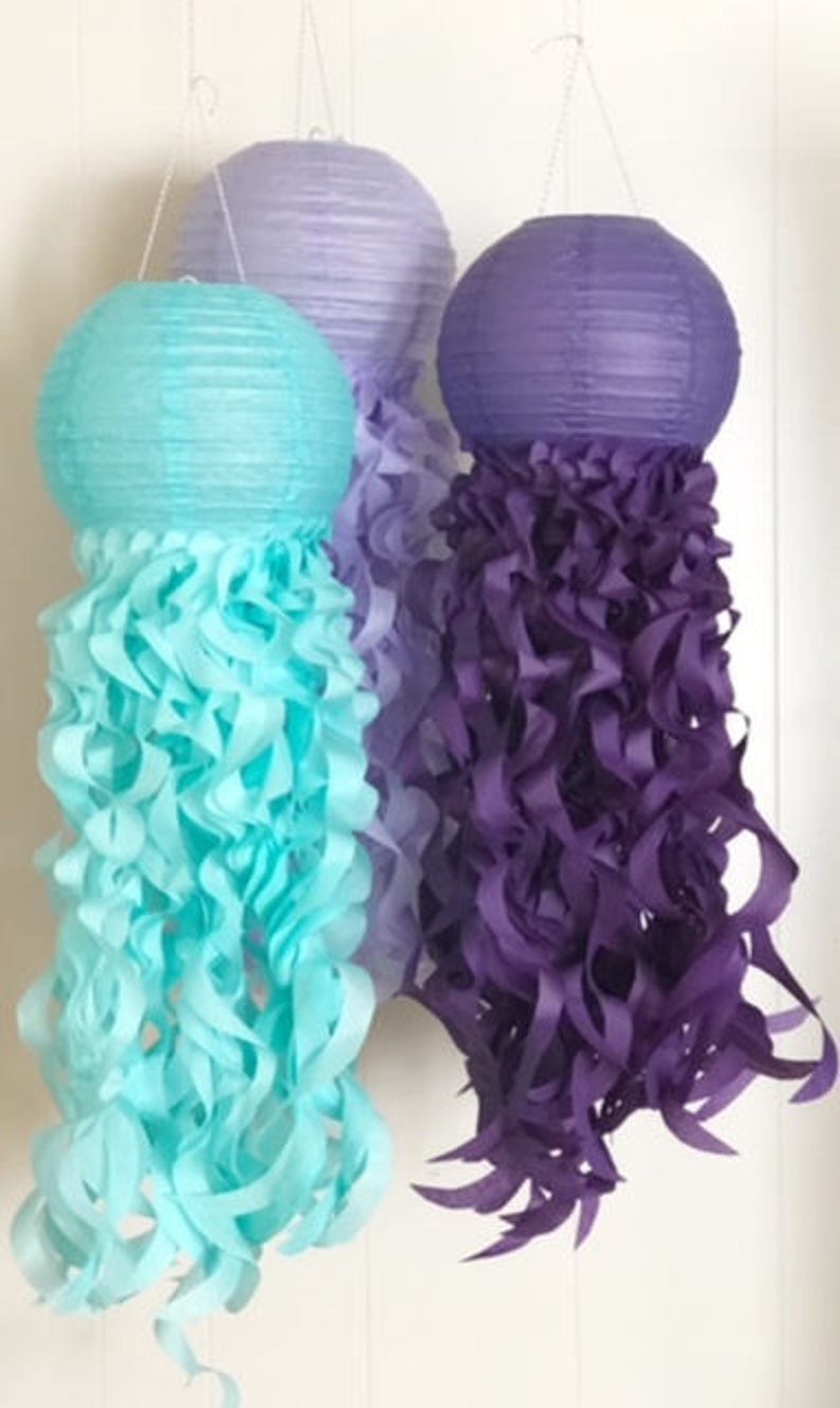 Purple, Soft Lavender and Aqua Paper Lanterns, Mermaid Party Backdrop, Jellyfish Room Decorations image 1