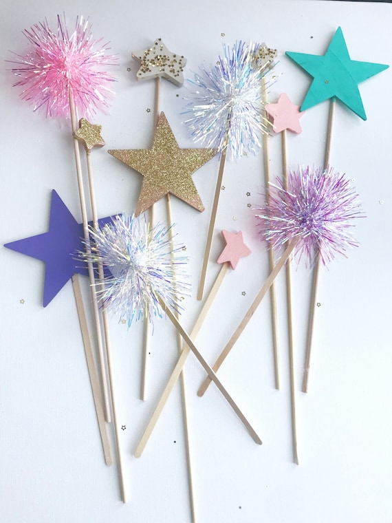 Tinsel Pom and Star Cake Toppers| Star Wands| Pastel Drink Decoration| Star Drink Stirrers| Pastel Birthday Party Il_570xn