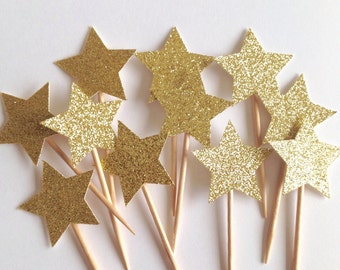 Gold glitter star cupcake picks/ Gold star cake toppers/ Twinkle twinkle little star party picks/Birthday party toppers/ Gold Glitter Star