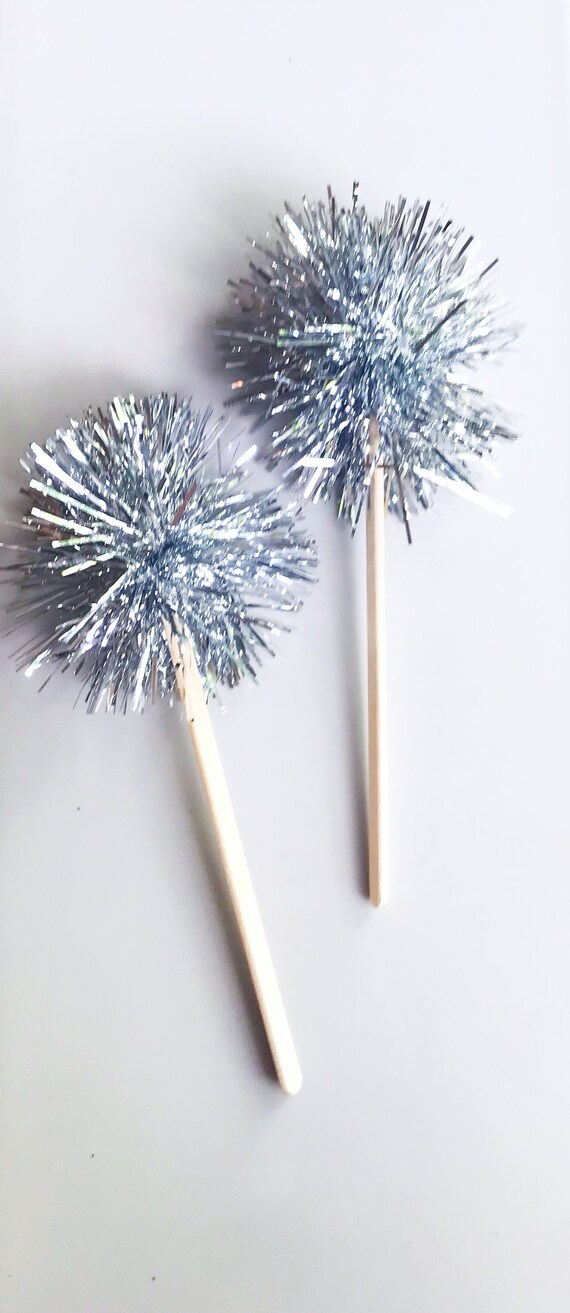 Silver Tinsel drink stirrers| Silver Cupcake Toppers| Silver Bar Decor|Silver Pom Pom| Christmas Tinsel| New Years Eve Decor Il_570xn