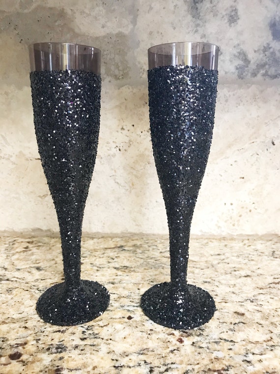 Black Glitter Champagne Flutes, Halloween Party Decor, Black Glitter Cups, Bachelorette Party Cups, New Years Eve Party Supplies Il_570xn