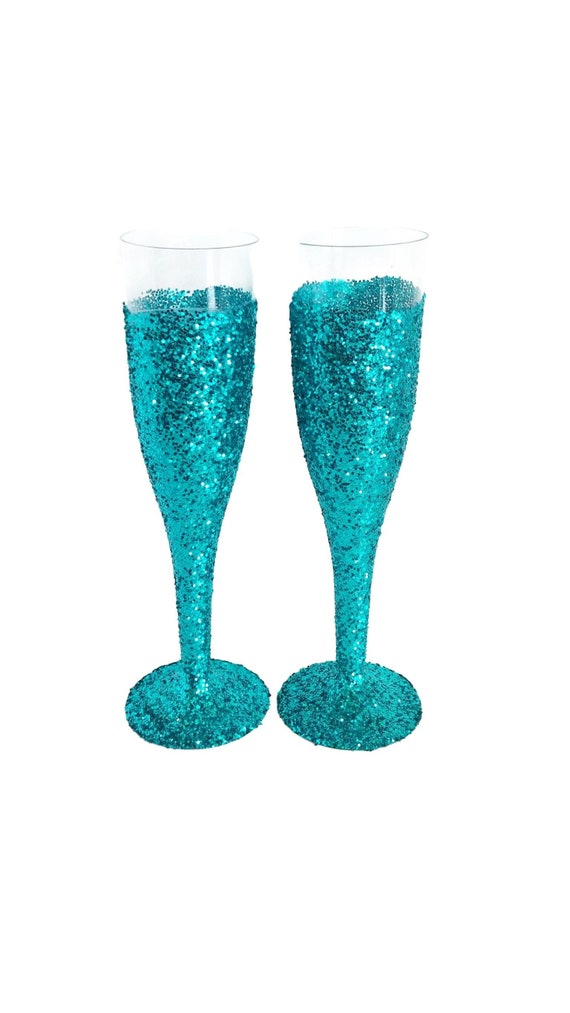 Teal Glitter Champagne Flutes Glitter Cups Clear Plastic Glitter Champagne Flutes Il_570xn