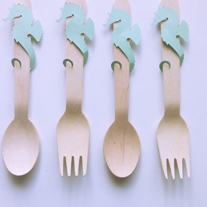 Wooden Forks and Spoons, Seahorse Party, Eco Friendly Party, Mermaid Forks, Mermaid Spoons, Mermaid Birthday Party Utensils, Under The Sea