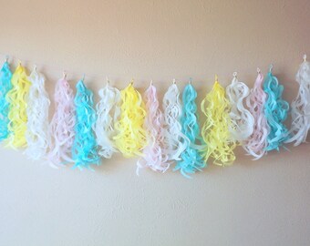 Pastel Curly Tissue Tassel Garland, Spring Party Decor