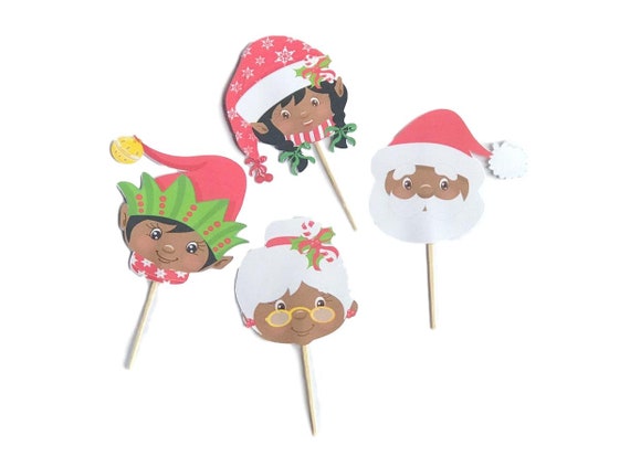Santa and Elves Cupcake Picks for Christmas Parties, Christmas Toppers, African American, Christmas Party, Christmas Cupcake Toppers Il_570xn