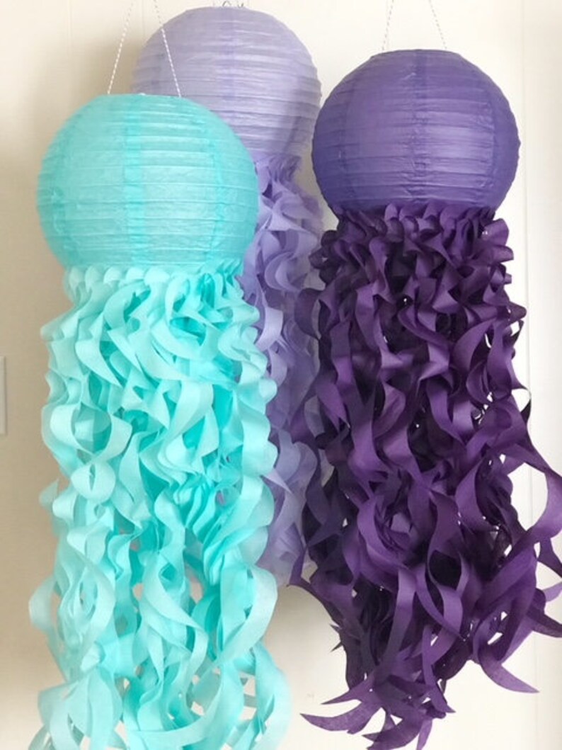 Purple, Soft Lavender and Aqua Paper Lanterns, Mermaid Party Backdrop, Jellyfish Room Decorations image 3