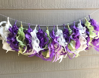 Curly Tassel Garland-Wedding Garland-Baby Shower Garland-Mermaid Party-Nursery Decor-Purple, Sage, White -16 tassels