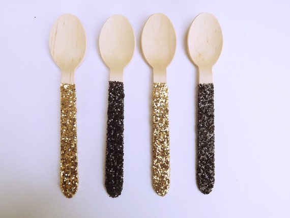 12 Black and Gold Glitter Wooden Spoons| Biodegradable Wooden Spoon Set Il_570xn