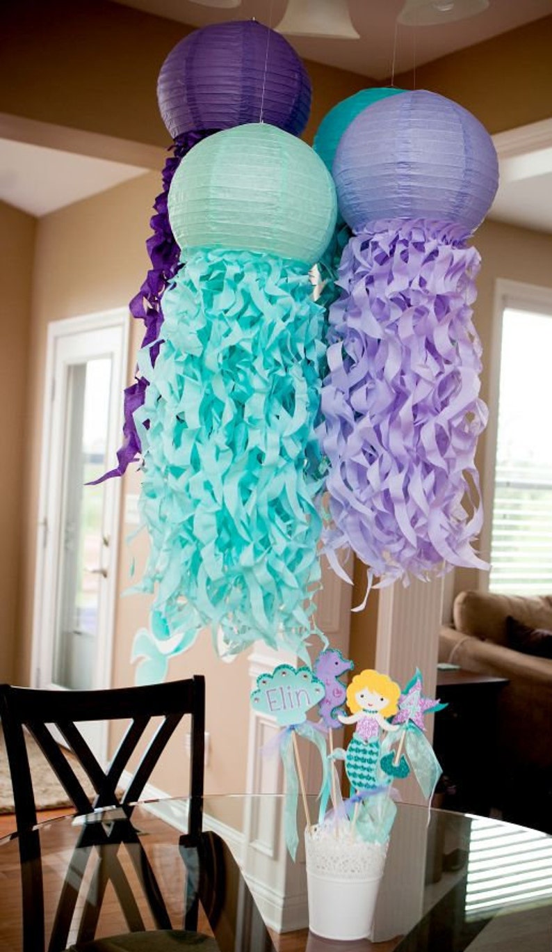 Purple, Soft Lavender and Aqua Paper Lanterns, Mermaid Party Backdrop, Jellyfish Room Decorations image 2