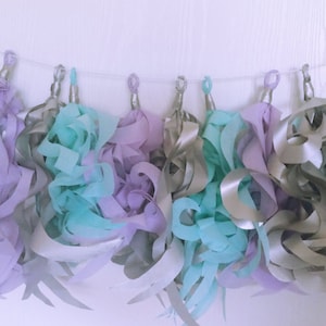 Metallic Silver, Soft Lavender and aqua Curly Tassel Garland-Unicorn Party-Baby Shower Decor-Nursery Decor-16 tassels