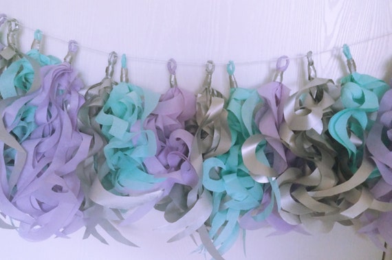 Metallic Silver, Soft Lavender and aqua Curly Tassel Garland-Unicorn Party-Baby Shower Decor-Nursery Decor-16 tassels Il_570xn