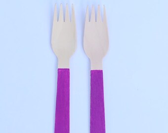 Plum Painted Wooden Forks| Biodegradable Spoons| Earth Friendly Party Supplies| Purple Forks
