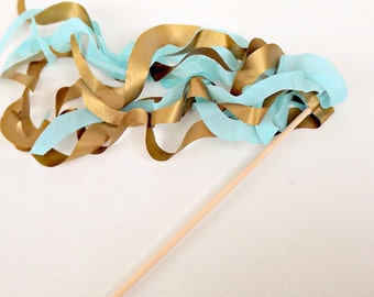 Paper Wand Streamers- Aqua and Metallic Gold Party Favors- Wedding Favors- Wedding Send Off- Birthday Party Gifts- Party Wands-Set of 20