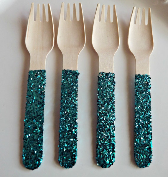 Wooden Forks with Teal Glitter | Glitter Forks |Garden Party Forks Il_570xn