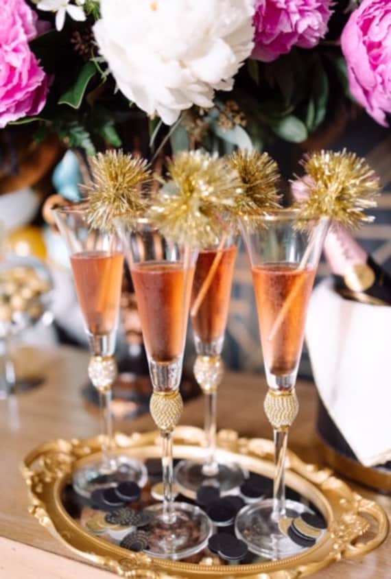 Gold Tinsel drink stirrers- Gold cupcake toppers- Metallic Gold Bar Decor- Gold Pom Poms- Wedding Cup decorations-New Years Eve-Set of 12 Il_570xn