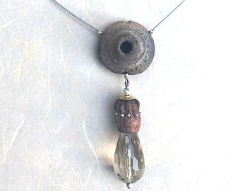 Unique jewellery_terra incognita - antique columbian ceramic, eucalyptus, smoky quartz