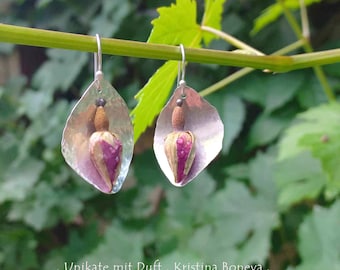 Damask Rose blossoms_ silver_hand made earrings